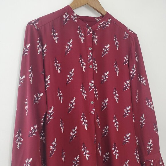 Ann Taylor Womens Burgundy Floral Popover Top Size L Peated Cuff Office Career - Picture 2 of 8